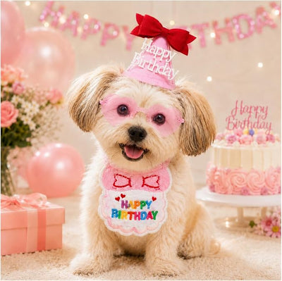Pet Birthday Outfit for Girl Dog & Cat, 34PCS Puppy Birthday Party Costume with Pink Birthday Hat, Heart Sunglasses & Bandana Bib, Cute Birthday Supplies for Dog Girl Party