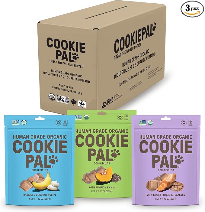 CookiePal Organic Dog Treats (Variety Pack), Crunchy Human Grade USDA Organic Puppy Treats for Training, Biscuits, 10oz (Pk of 3)