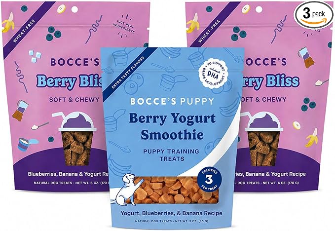 Bocce's Bakery Berry Bliss Smoothie + Berry Yogurt Smoothie Dog Treat Bundle – Natural, Wheat-Free Soft & Chewy Cookies and Training Bites Made with Real Ingredients and Baked in The USA – 3 Pack