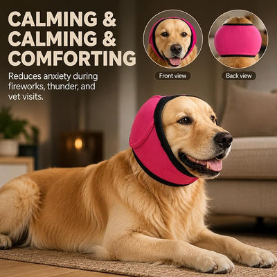 Quiet Ears for Dogs - Adjustable Ear Covers for Noise, No Shake Dog Head Wrap, Dog Calming Hood for Thunder, Lightning, Fireworks (Rose Red, Large)