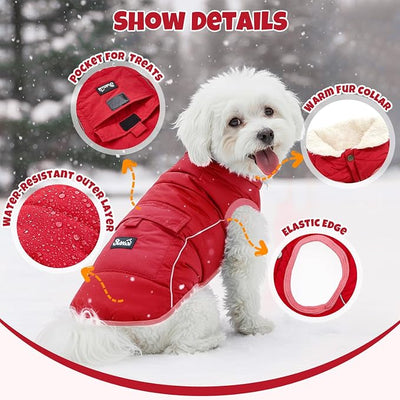 SlowTon Dog Coat - Warm Dog Winter Coat Waterproof, Reflective Winter Jacket with Pocket, Puppy Fleece Vest Pet Apparel Cold Weather Clothes for Small Medium Large Dogs Boy Girl (Red, XS)