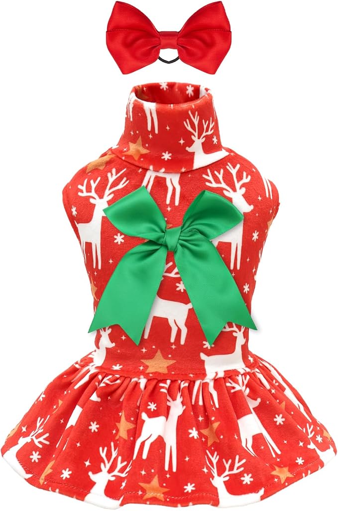 CuteBone Turtleneck Dog Velvet Dress Christmas Puppy Skirt Costume Pet Clothes Cat Apparel with Bow Hair Rope for Small Dogs CVD24XS