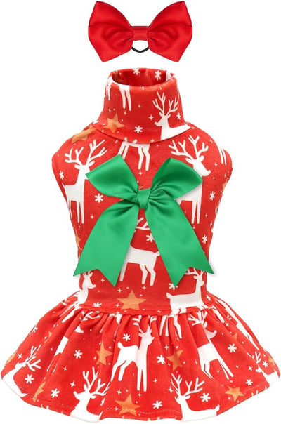 CuteBone Turtleneck Dog Velvet Dress Christmas Puppy Skirt Costume Pet Clothes Cat Apparel with Bow Hair Rope for Small Dogs CVD24XS