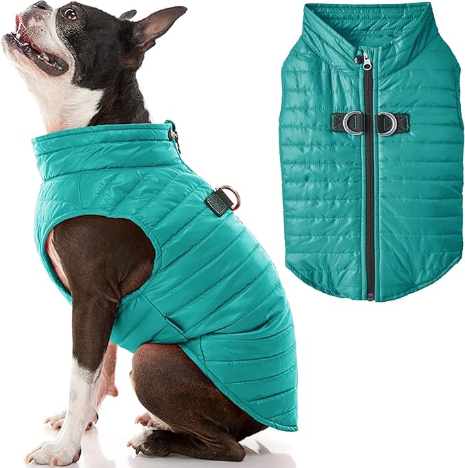 Gooby Puffer Vest - Turquoise, X-Large - Ultra Thin Zip Up Wind Breaker with Dual D Ring Leash - Water Resistant Small Dog Sweater Coat - Dog Clothes for Small Dogs Boy or Medium Dogs
