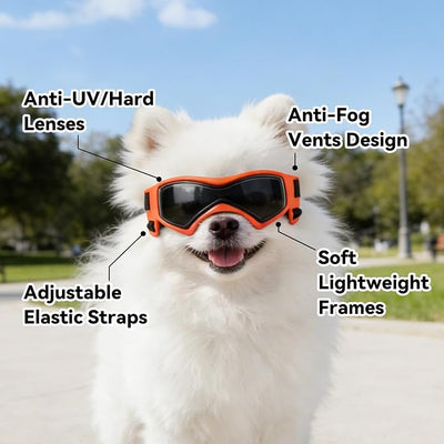 Enjoying Dog Sunglasses Extra-Small to Small Breeds, Dog Goggles UV Protection, Driving Eye Protection for Little Dogs, Breathable Windproof Dustproof Anti-Fog, Adjustable Straps, Style Orange