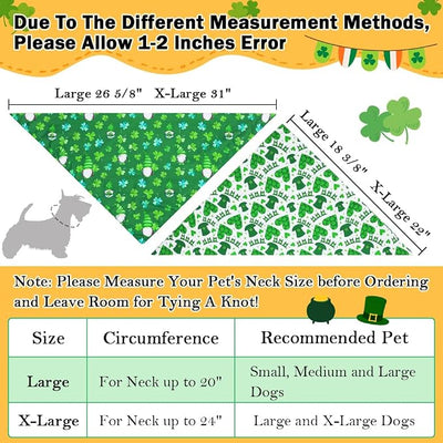 Vivifying St. Patrick's Day Dog Bandana, 2 Pack Bandanas for St. Patrick's Day Clothes Outfits, Reversible Triangle Dog Scarf, Pet Apparel & Accessories for Decorations (X-Large, Green&White)