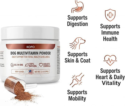 Kopo Dog Multivitamin Powder | Supports Heart, Daily Vitality, Immune Health, Digestion, Skin & Coat and Hip & Joint | for Puppy, Adult & Senior Dogs | Beef Liver Flavor | All Breeds Sizes