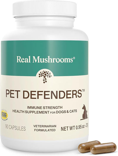Real Mushrooms Pet Defenders - Dog Immune Support with Reishi, Turkey Tail, Shiitake, Maitake Organic Mushroom Extracts, Chaga - Daily Digestion and Immune Support for Dogs and Cats, 90ct