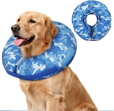 IEUUMLER Inflatable Recovery Dog Cone Collar, Neck Donut Protective ECollar, Adjustable Soft Collar for Dog and Cat After Surgery Prevent from Biting & Licking EU020 Blue Camo XL