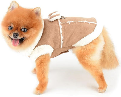 SMALLLEE_LUCKY_STORE Fleece Dog Coat for Small Dog Pet Harness Jacket with Bow and D-Ring, Soft Vest Fall Winter Clothes with Fuzzy Collar Chihuahua Yorkie Cat Apparel, Khaki, S