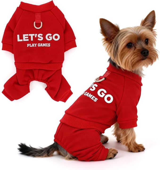 Warm Dog Winter Coat with Built-in Leash Ring, Fleece 4-Legged Sweatshirt Jumpsuit, Cute Let's Go Print Puppy Clothes for Small Dogs Boy Girl, Cold Weather Outfit