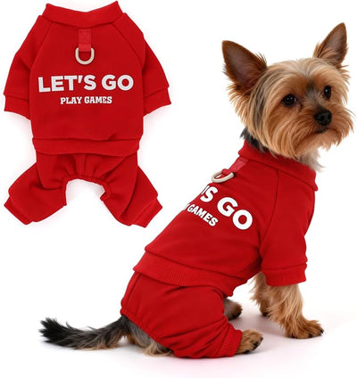 Warm Dog Winter Coat with Built-in Leash Ring, Fleece 4-Legged Sweatshirt Jumpsuit, Cute Let's Go Print Puppy Clothes for Small Dogs Boy Girl, Cold Weather Outfit