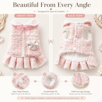 Spring Fall Winter Small Medium Dogs Tweed Princess Dress Pink Pearl Design, Warm Fleece Puppy Outfit with Bow Flower, Cute Luxury Dog Clothes for Cats and Small Dogs(Pink, S)