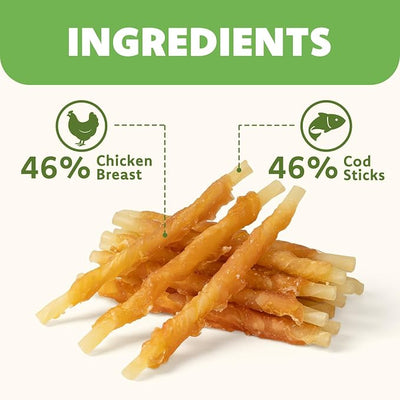 MON2SUN Dog Treats, 4.5-4.7 Inch Chicken Wrapped Codfish Sticks, Soft Chewy Training Treats for Small Dogs, Low-Fat Rawhide-Free Chews, 31.75 oz (90 Count)