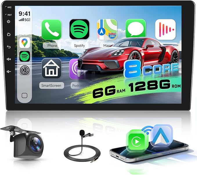 8 Core 6G+128G Android Stereo with Wireless Carplay and Android Auto, 1280P 9 Inch Double DIN Touchscreen Radio with Bluetooth Mirror Link WiFi GPS Steering Wheel Control FM/RDS DSP USB