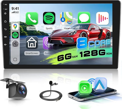 8 Core 6G+128G Android Stereo with Wireless Carplay and Android Auto, 1280P 9 Inch Double DIN Touchscreen Radio with Bluetooth Mirror Link WiFi GPS Steering Wheel Control FM/RDS DSP USB