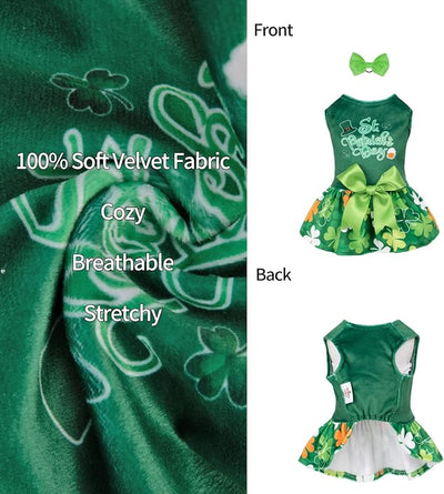 CuteBone St.Patrick's Day Dog Green Dress Velvet for Small Dogs Girl Puppy Dresses Clover Dog Clothes