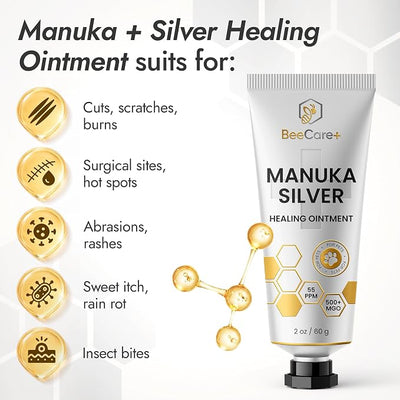 2-Pack Manuka + Silver Healing Ointment in a 2-oz Tube – Hot Spot Treatment for Dogs and Cats – Scratches, Burns & Irritations Care with 55-PPM Colloidal Silver and 500+ MGO Manuka Honey