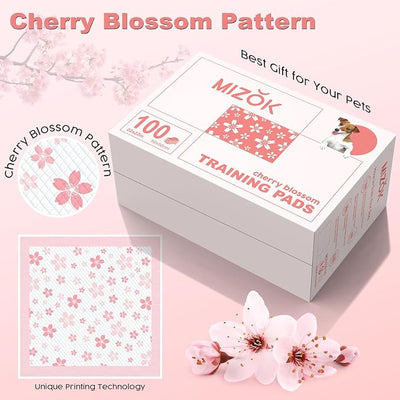 MIZOK Puppy Pads Pink 22x22in, Ultra Absorbent Wee Wee Pads with Pheromone Attractant, Decorative Cherry Blossom 6-Layer Leak-Proof Potty Training Pads, Disposable (100 Count)