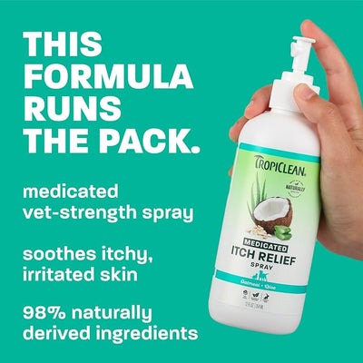 TropiClean Medicated Itch Relief Deodorizing Spray, Oatmeal & Aloe Scented, Dog Perfume with Soothing Aloe, 12oz