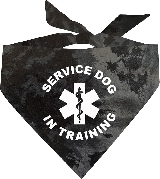Service Dog in Training Dog Bandana | 100% Cotton Tie Dye Triangle |Service Dog | Working Animal | Assistance | One Size | Black Scrunch (289)