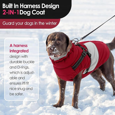 AOFITEE Dog Winter Coat, Dog Coat with Harness Built in, Dogs Jacket for Large Dogs, Reflective Waterproof Pet Puffer Jacket Snowsuit, Warm Fleece Windproof Pet Sweater for Cold Weather, XL