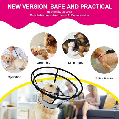 Sponge Core Dog Cat Cone Collar for After Surgery Recovery, Inflatable Dog Cone Alternative, Lainergie Dogs Donut Collar Adjustable with 2PCS Cover for Large Medium Small Dogs Cats (Grey+Pink, M)
