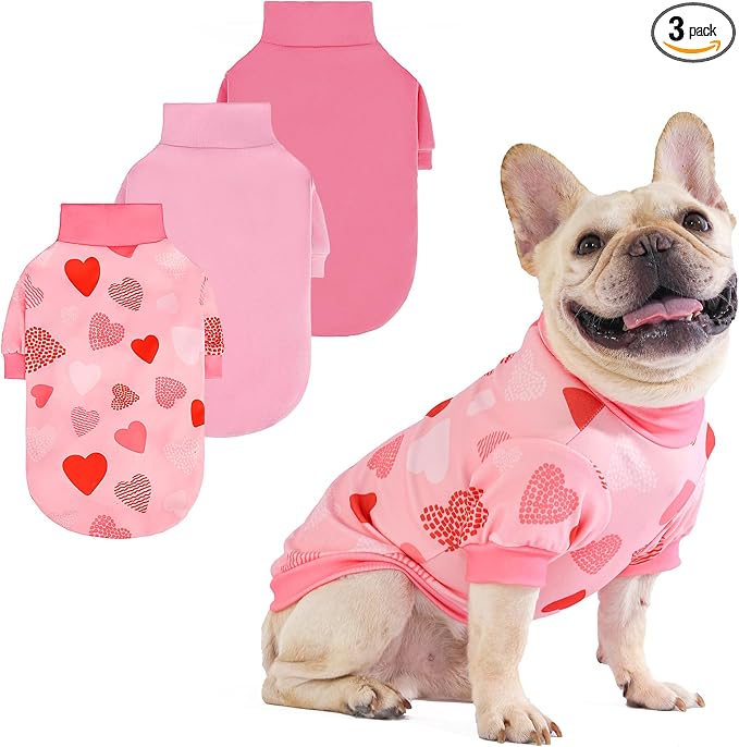 KOOLTAIL Valentine's Day Dog Sweater for Small Dogs, 3 Pack Fleece Puppy Shirt Turtleneck Pullover Clothes with Love Heart Partten,Fuzzy Soft Warm Pet Winter Cold Weather Coat, Girl Boy, Pink XS