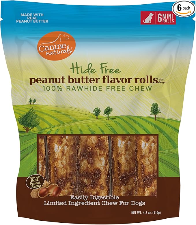 Canine Naturals Peanut Butter Chew - 100% Rawhide Free Dog Treats - Made with Real Peanut Butter - All-Natural and Easily Digestible - 6 Count of 2.5 Inch Mini Rolls for Dogs Under 20lbs