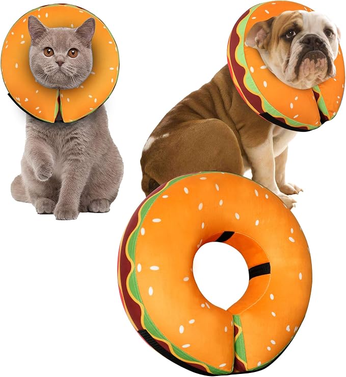 Inflatable Dog Cone Collar for Large Medium Small Dogs, Soft Adjustable Recovery Cone Collar for Dogs Cat,Dog Neck Donut Cone Alternative After Surgery(Hamburger,Medium+
