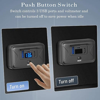 90W 12V USB Outlet Panel Wall Mount, Dual 36W USB C and QC 3.0 18W Car USB Port Charger with Voltmeter Button Switch, Waterproof 3 USB Multi Port Power Outlet DIY 12V Accessories for Car Bus RV -2 PC