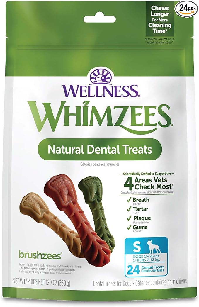Whimzees Wellness Brushzees Natural Dog Dental Treat, VOHC Accepted Chews, Freshens Breath, Small Size, 12.7 oz Bag, 24 Count