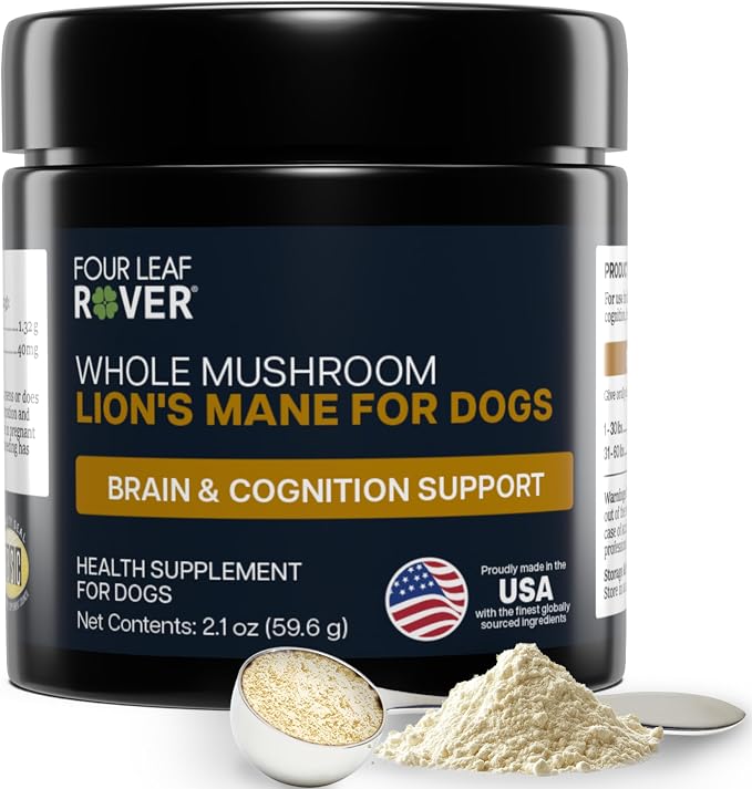 FOUR LEAF ROVER - Lion's Mane Mushrooms for Dogs - Supports Healthy Brains and Nervous Systems in Dogs of All Ages - Organic Whole Mushrooms - 3rd Party Tested - 60 Day Large Dog Supply