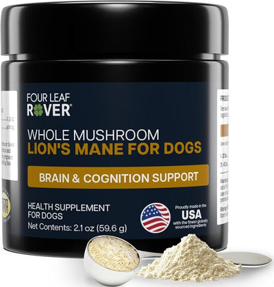FOUR LEAF ROVER - Lion's Mane Mushrooms for Dogs - Supports Healthy Brains and Nervous Systems in Dogs of All Ages - Organic Whole Mushrooms - 3rd Party Tested - 60 Day Large Dog Supply