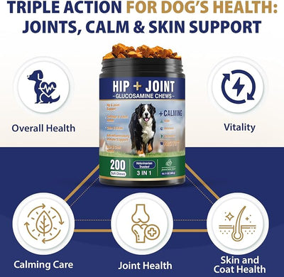Hip and Joint Supplement for Dogs 200 Dog Calming Chews with Glucosamine, Chondroitin, Msm, Omega3, Melatonin for Senior Dogs Anxiety Pain Relief Anti Inflammatory Small/Medium/Large Dog-Peanut Butter