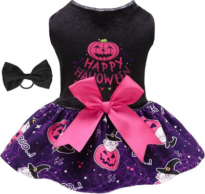 CuteBone Halloween Dog Dresses Velvet Holiday Small Dogs Clothes Onesie Pet Apparel Girl Puppy Skirt with Bow Hair Rope CVA60S-D