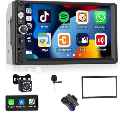 Double Din A-pple CarPlay Car Stereo with Carplay Android Auto,Bluetooth,7" HD Touchscreen 2 Din Car Radio Car Multimedia MP5 Player AUX/USB/TF Card Input Mirror Link,FM,SWC+12 LEDs-Backup Cam Mic USB