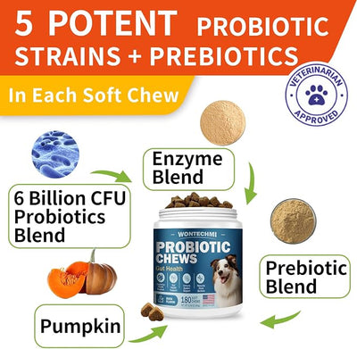 Probiotics for Dogs, Improve Itchy Skin Itchy Ears, Gut Health, Yeast Balance, Allergies, Immunity, Dog Probiotics and Digestive Enzymes with Prebiotics, Reduce Diarrhea (180 Chews, Duck)