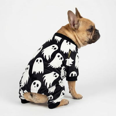 Fitwarm Halloween Ghost Dog Pajamas, Funny Halloween Costumes for Dogs, Fleece Dog Onesie with Feet, Doggy Clothes for Small Dogs Boy Girl, Pet Apparel, Black, White, XL