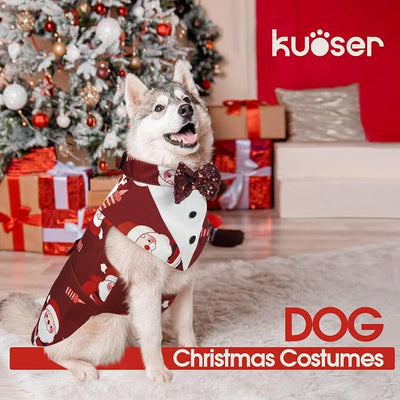 Kuoser Christmas Dog Tuxedo Dogs Suit and Bandana Set, Santa Claus Doggy Christmas Outfit Adjustable Pet Xmas Costume with Bow Tie for Large Medium Small Dogs Golden Retriever Samo Bulldogs, Red L