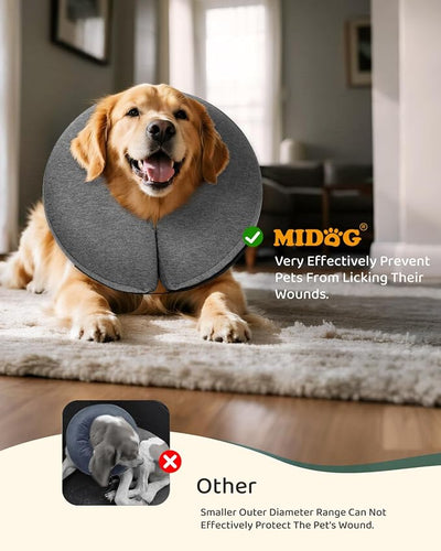 MIDOG Inflatable Dog Cone, Soft Donut Recovery Collar Alternative After Surgery to Help Prevent Licking, Comfy E Collar with Neck Pillow Design, Grey, M+