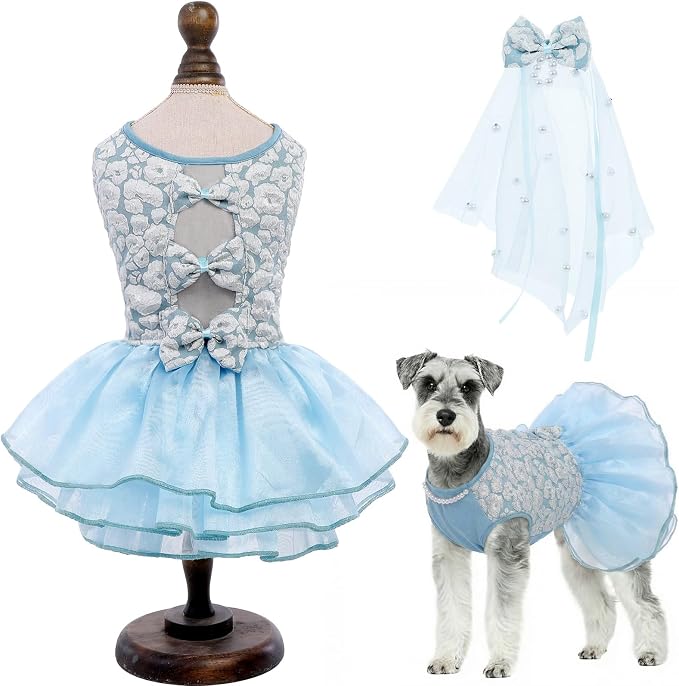 ASENKU Dog Dress, Dog Wedding Dress, Pet Lace Princess Dress with Bows for Wedding Birthday Party, Puppy Formal Apparel with Pearl Necklace for Large Dogs (Blue, XX-Large)