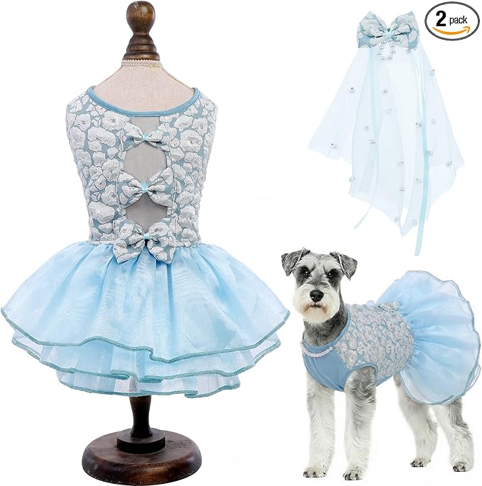 ASENKU Dog Dress, Dog Wedding Dress, Pet Lace Princess Dress with Bows for Wedding Birthday Party, Puppy Formal Apparel with Pearl Necklace for Medium Large Dogs (Blue, Large)