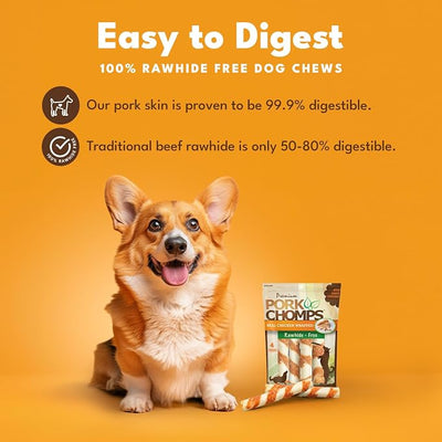 Pork Chomps Baked Pork Skin Dog Chews, 6 Inch Twists, 4 Count - Real Chicken Wrap - Long-Lasting Treats for Dogs - High Protein, Rawhide-Free, Low Fat, Healthy & Delicious Chews