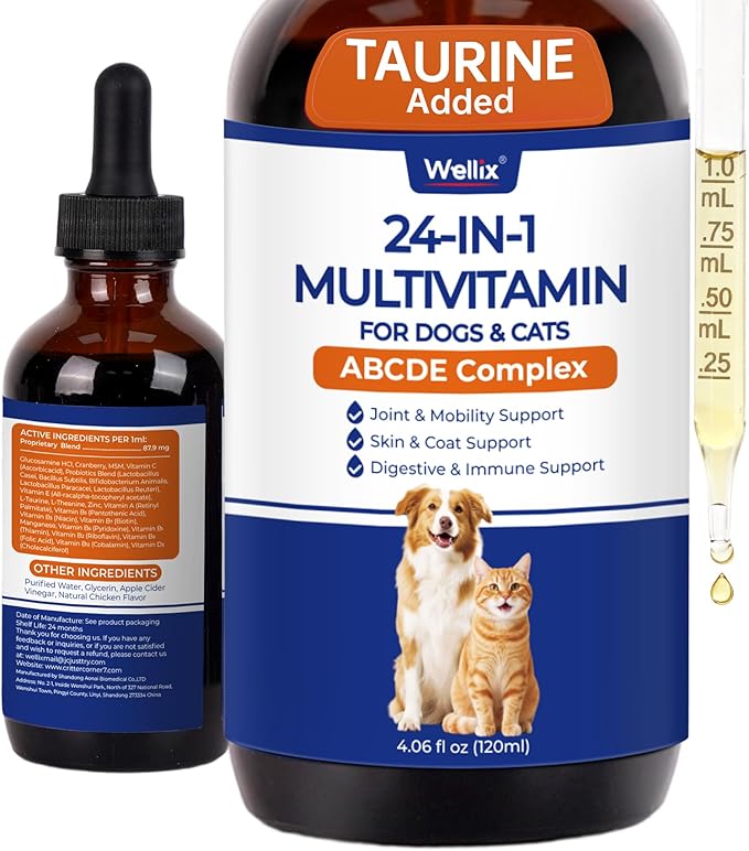 Wellix 4.06 FL oz 24-in-1 Liquid Multivitamin with Taurine for Dogs & Cats, Pet Vitamins and Supplements with Glucosamine, Cranberry, MSM, Probiotics - Itch&Allergy Relief, Joint Supplement for Pets