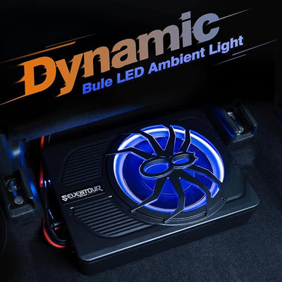10" Upgrade 800W Slim Under Seat Powered Car Subwoofer, Car/Truck Audio Sub Built in Amplifier amp Combo Package, with Blue LED Light (Subwoofer+Installation Wire Kit)