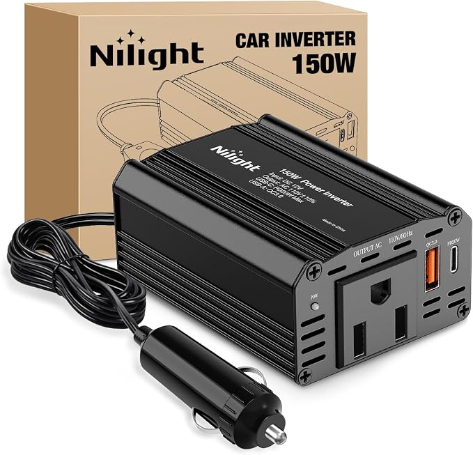 Nilight 150W Power Inverter 12V DC to 110V AC Car Converter with PD 30W USB C & QC3.0 for Phones Tablets Laptop Computer Game Console Kindle iPad DVD Players Black