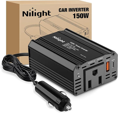 Nilight 150W Power Inverter 12V DC to 110V AC Car Converter with PD 30W USB C & QC3.0 for Phones Tablets Laptop Computer Game Console Kindle iPad DVD Players Black