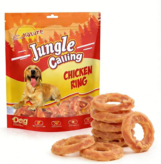 Jungle Calling Chicken Rings Dog Treats for Small Medium Large Dogs, Slow Roasted Chicken Jerky, Rawhide Free Dog Chews, High Protein Training Treats, Hip and Joint Health with Glucosamine, 10.6 oz