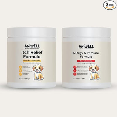 Itch & Allergy Combo for Dogs | Itch Relief Chews + Allergy & Immune Support | Borage Oil, Vitamin E, Krill Oil | Seasonal Allergy Dog Supplement - Pack of 3